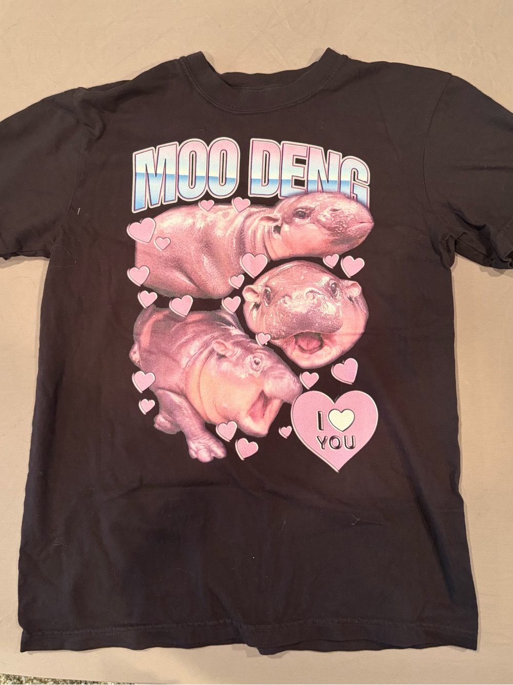 Comfort Colors Black Tee with Pink Hippo Moo Deng  Heart Graphic
